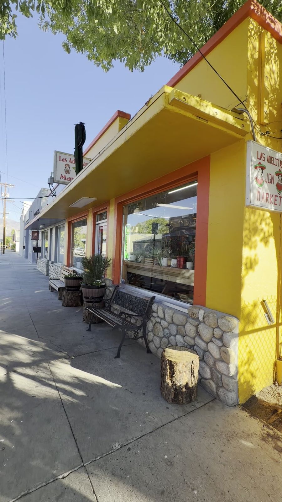 The store from the sidewalk on Willow Street, under the trees